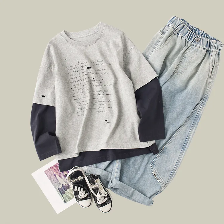 吴小越w1021男童春装圆领套头假两件棉t恤长袖中大童打底衫韩版