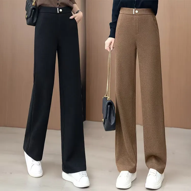毛呢窄版阔腿裤女2025秋冬季新款高腰显瘦松紧加厚休闲直筒裤