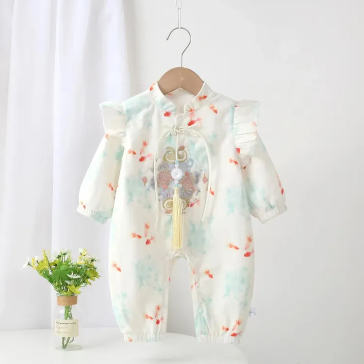 婴幼儿衣服春秋新款国风双层长袖女宝宝百天满月周岁连体哈衣爬服