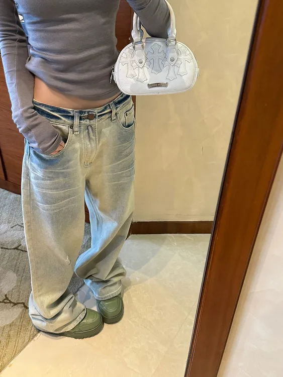8155#复古做旧浅色水洗渐变牛仔长裤宽松慵懒百搭休闲阔腿裤子