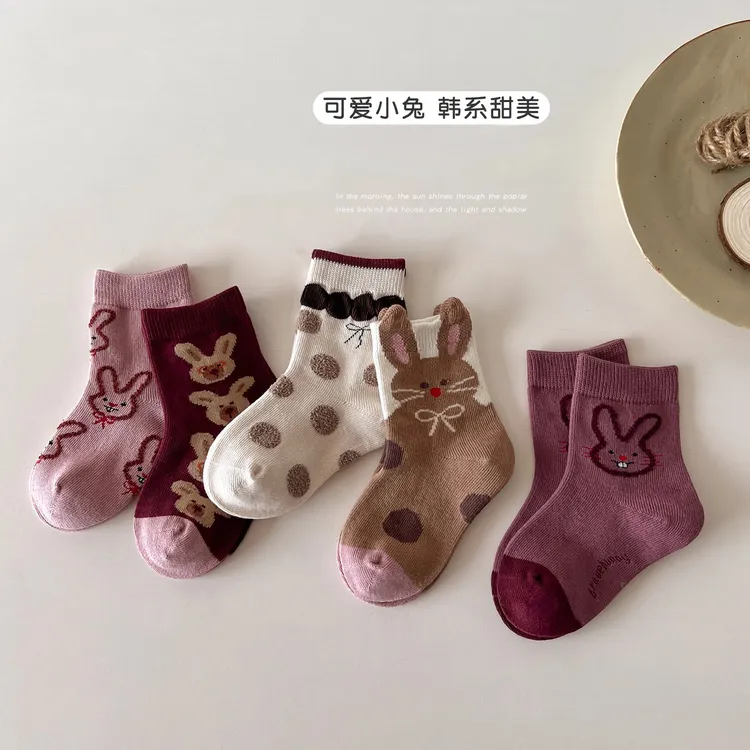 女童袜子春秋季儿童中筒袜韩系卡通可爱兔子女孩宝宝无骨花边棉袜