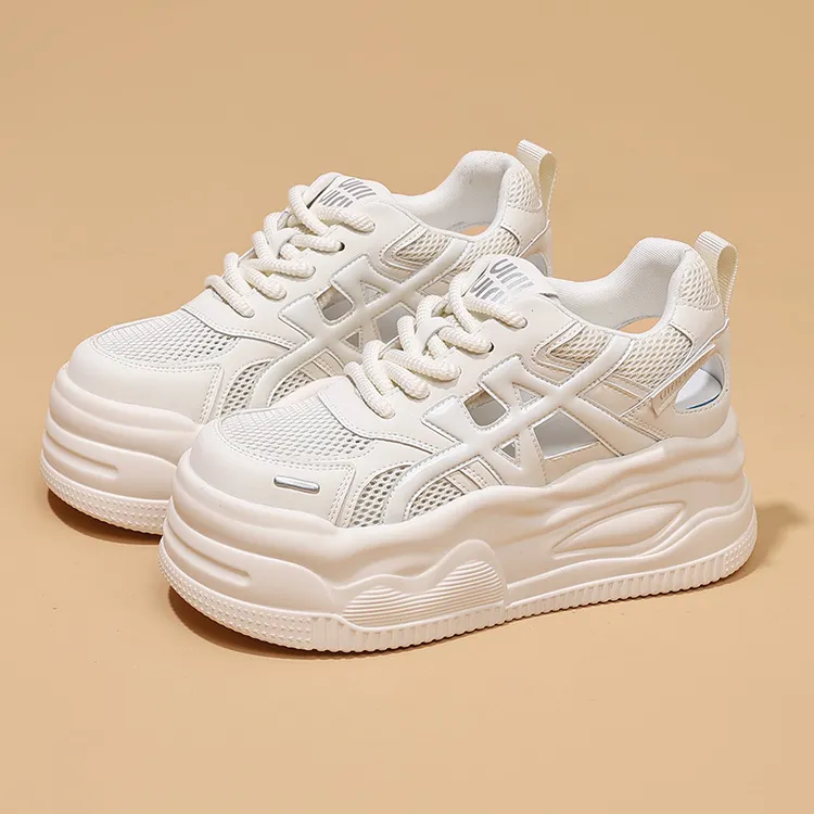 温州牛皮网面透气百搭厚底休闲鞋2025春新款动感风阿甘小白鞋子女