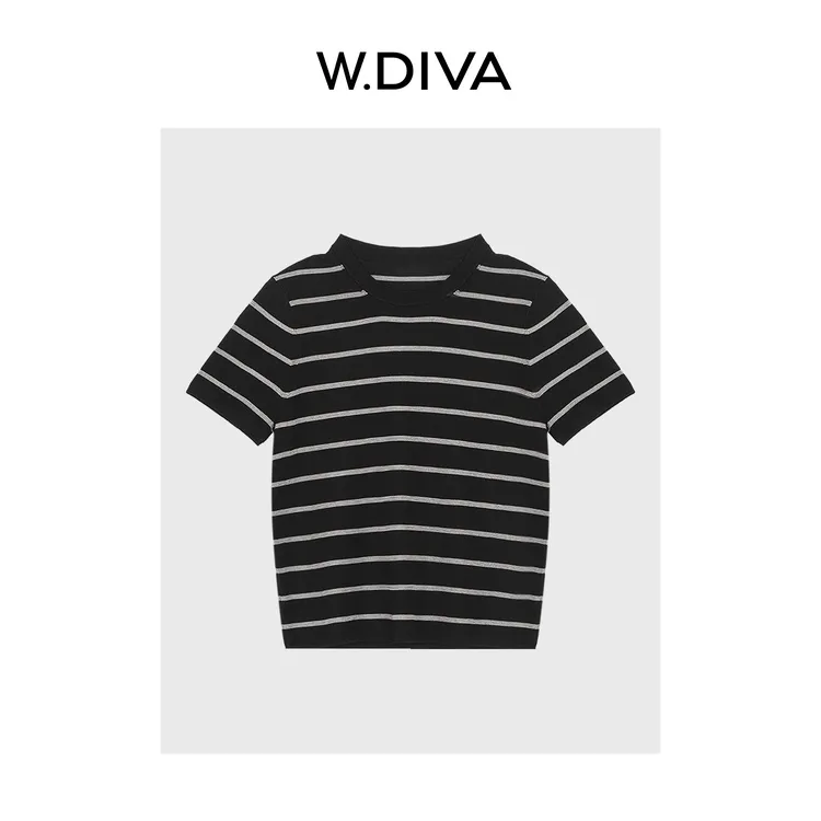 W.Diva【未白】白厂丝经典百搭自然显瘦横条短袖针织衫女52Z292551
