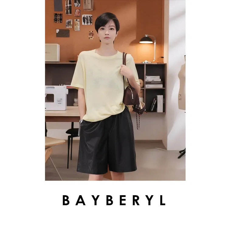 BAYBERYL老贝沙粒T*颗粒感干爽真丝圆领短袖针织衫ZZS5G1701-8/13