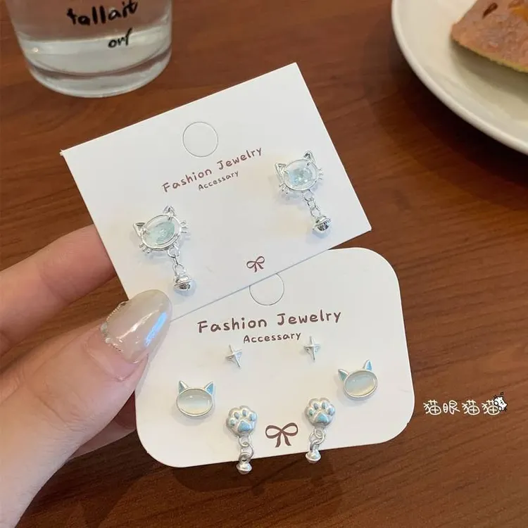 足银玻璃耳饰 可爱蓝色小猫咪铃铛耳钉套装女银针精致甜美少女心