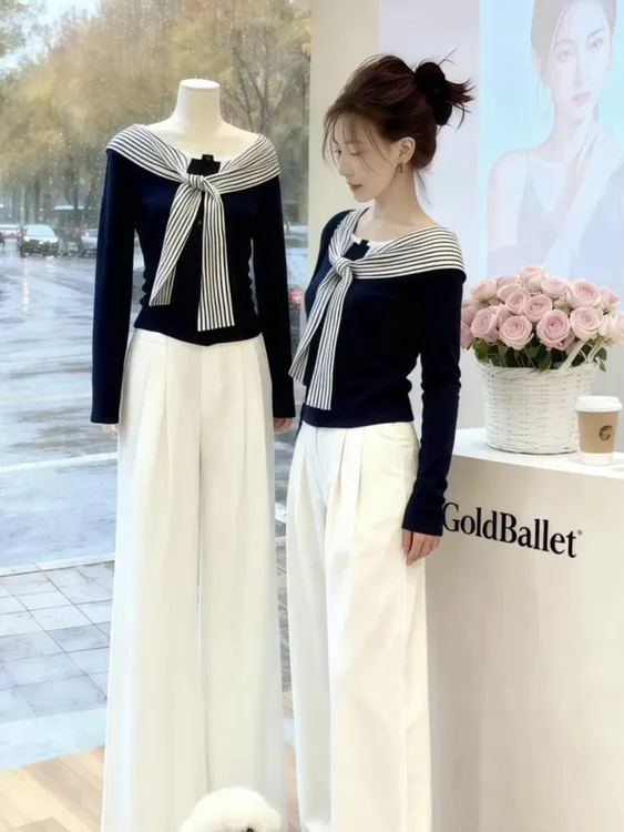 蓝色披肩2025冬季打底衫女独特学院风修身显瘦轻熟长袖t恤女上衣