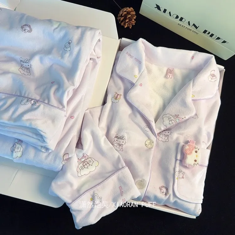 甜点小猫秋冬季海岛绒睡衣女学生甜美可爱可外穿保暖双面绒家居服