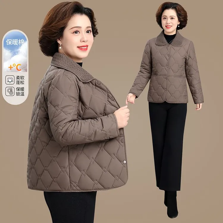 中老年妈妈装翻领棉衣女时尚新款冬季小个子中年轻薄加绒外套棉袄