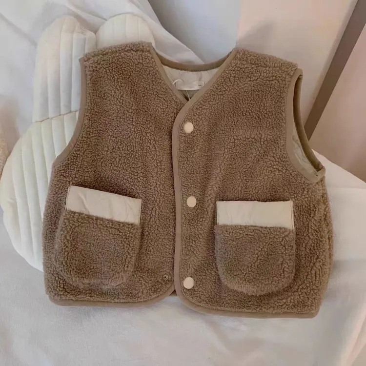 儿童宝宝纯色春秋男女通用冬季马甲保暖毛马甲时尚咖色加厚秋冬