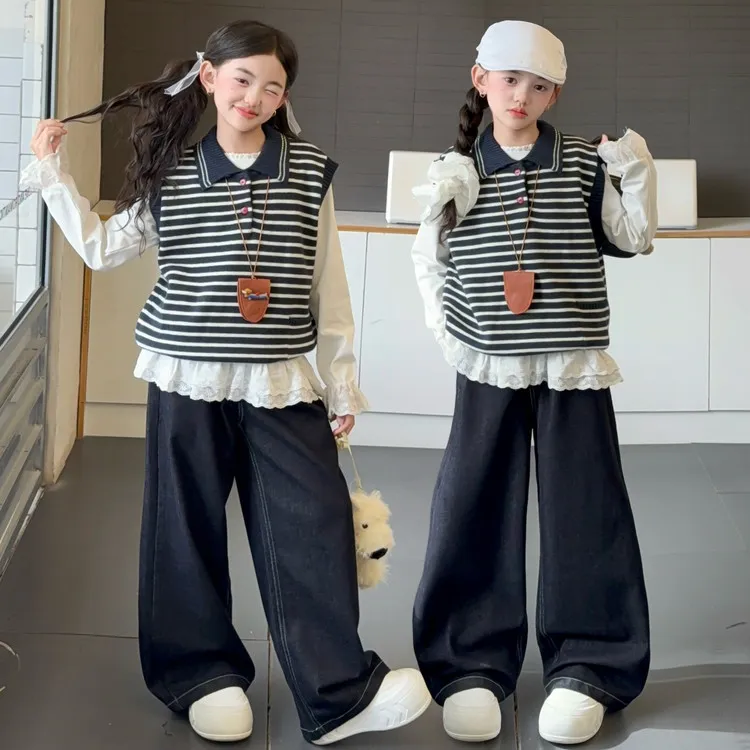 女童套装2025春秋新款学院风条纹针织马甲中大童韩系三件套秋装潮