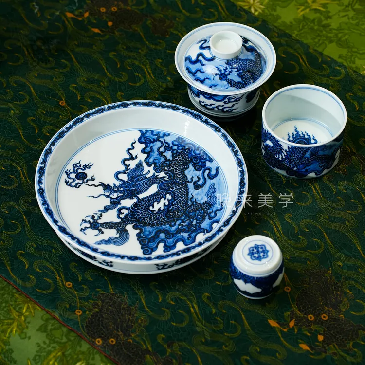 九月上新松风馆青花仿明龙纹盖碗直口杯壶承景德镇纯手工手绘茶器