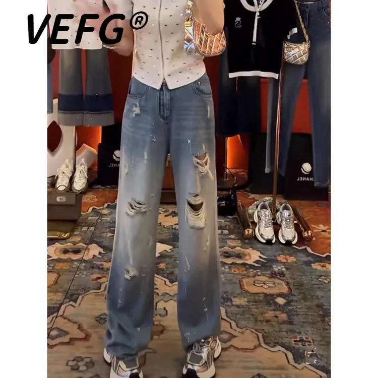 VEFG破洞牛仔裤直筒裤女2025新款高腰宽松显瘦欧洲站烫钻阔腿裤