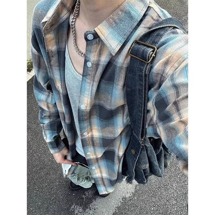 2025新款美式复古撞色格子衬衫男款秋冬cleanfit长袖衬衣情侣外套