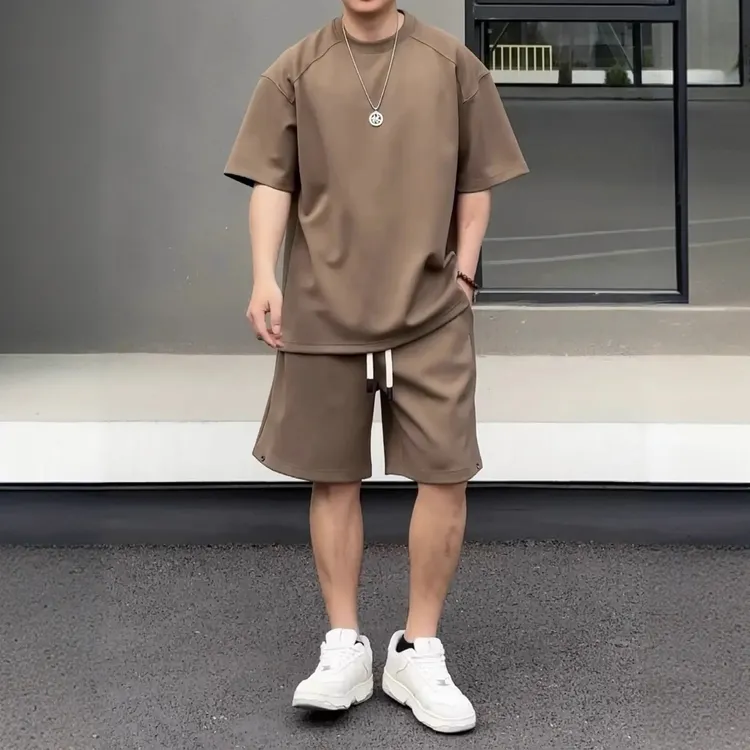 考蒂玻帕2025夏季新款纯色休闲运动套装潮流情侣款短袖短裤两件套