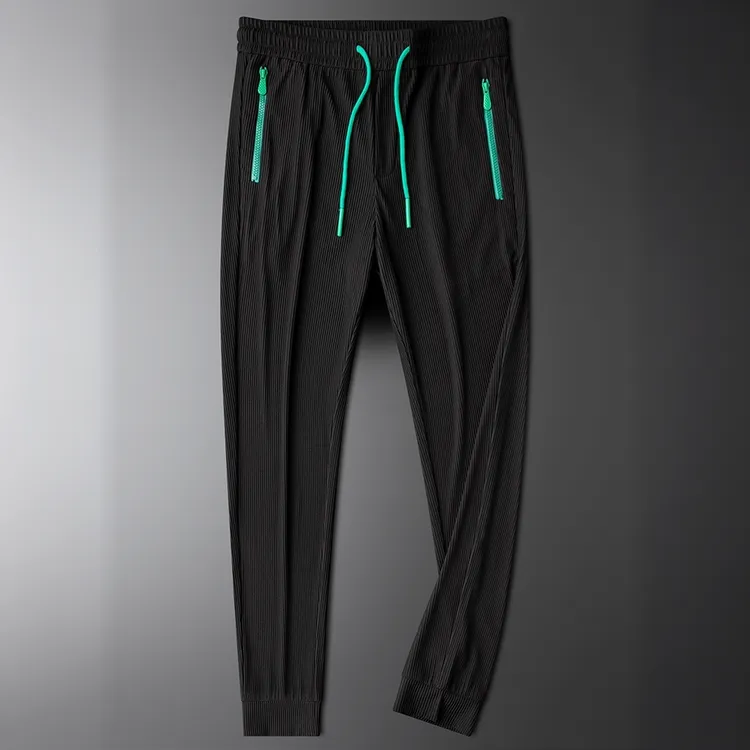 巴韦那奇夏季薄款黑色休闲运动裤男青年修身小脚拉链束腿针织长裤