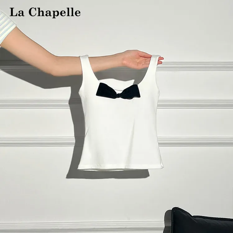拉夏贝尔纯欲风撞色蝴蝶结吊带背心女夏季甜美少女感修身无袖上衣