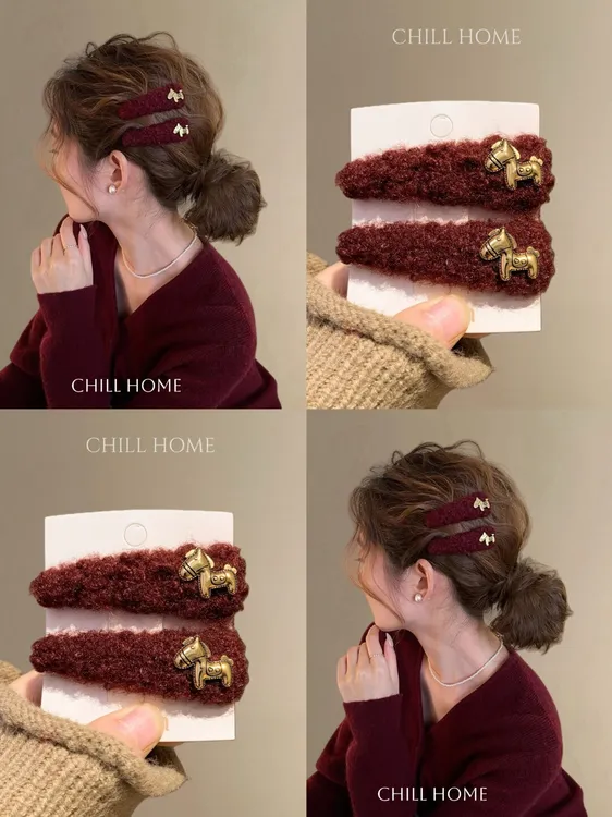 洋红毛绒发夹女2025新款秋冬侧边夹发卡高端碎发前额刘海夹子头饰