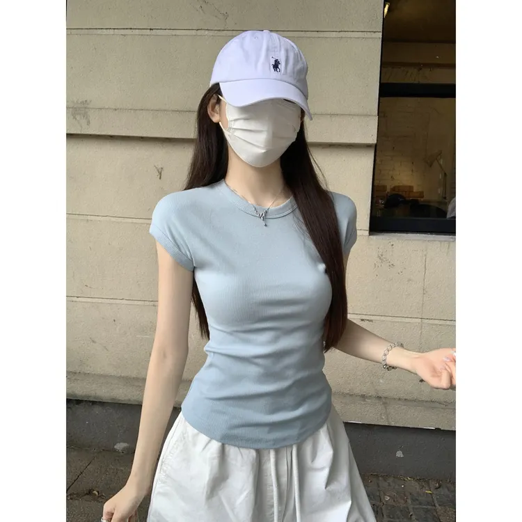 夏季韩版修身气质百搭显瘦落肩袖糖果色短袖T恤上衣辣妹高腰短款