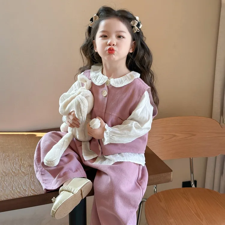 女童春秋套装2025新款儿童时尚开衫马甲宝宝阔腿裤洋气两件套春装