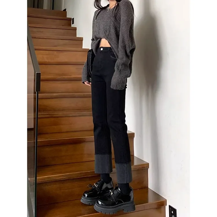 黑色高腰卷边直筒牛仔裤女2025秋季新款小个子显瘦加绒拼接烟管裤