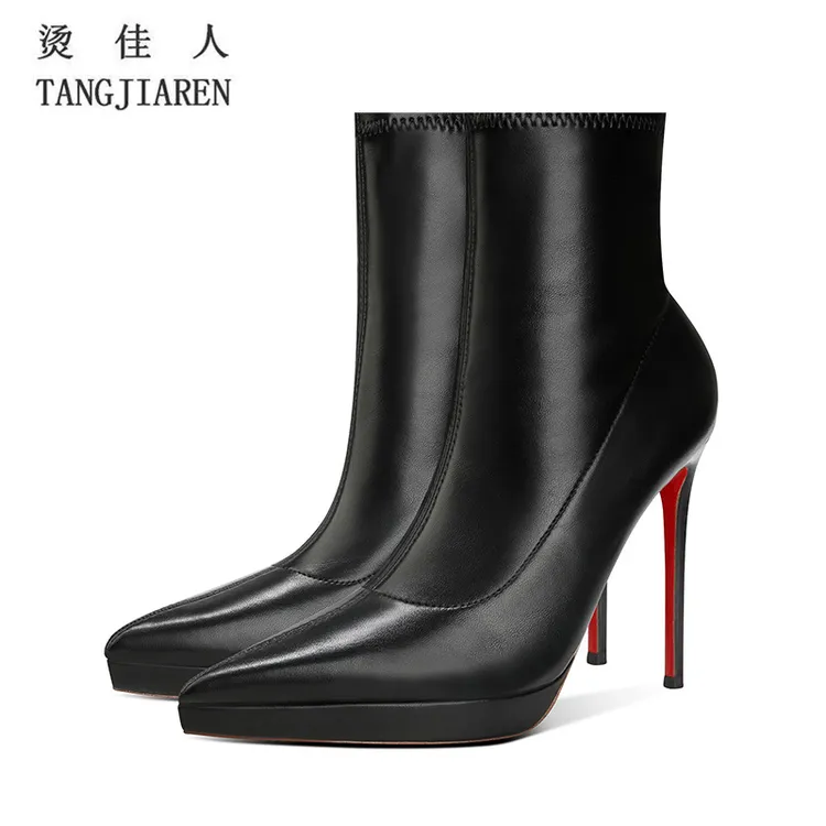 烫佳人时尚新款防水台短靴细跟春秋羊皮黑色不累脚红底高跟弹力靴