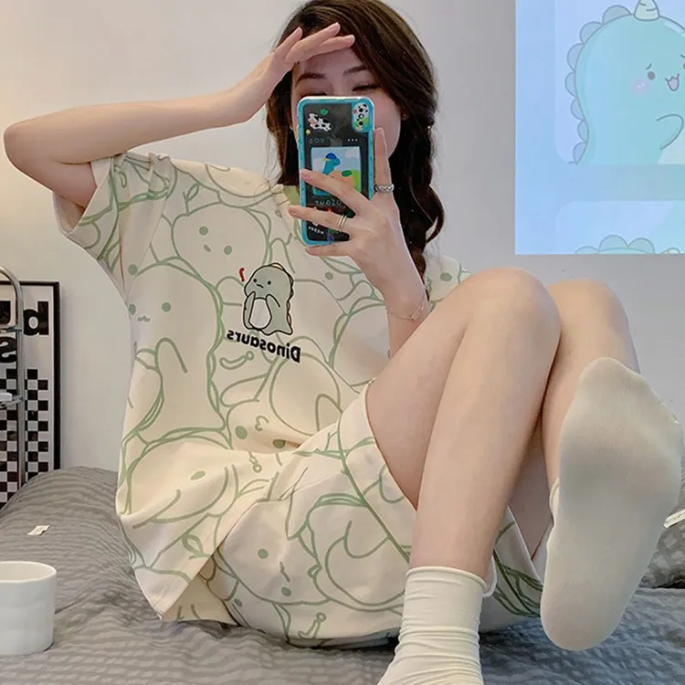 夏季甜美可爱卡通睡衣女短袖裤子薄款棉质宽松家居服外穿套装上新