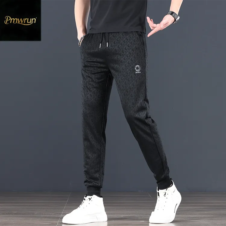 Pmwrun欧货夏季老钱风高端提花休闲裤男夏透气卫裤男韩版修身裤子
