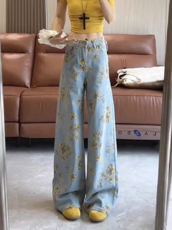 美式复古印花阔腿牛仔裤女2025夏季新款宽松显瘦遮肉百搭拖地裤子