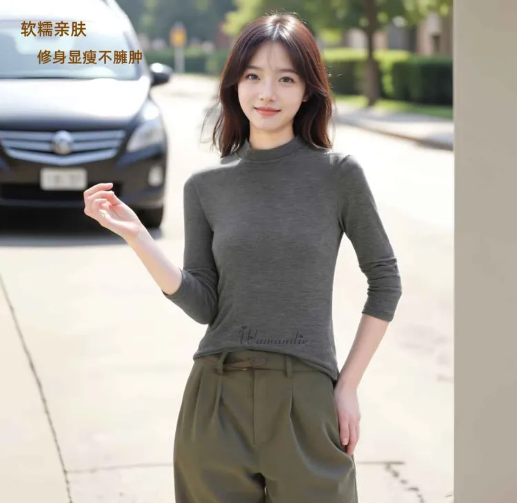 冬季女内搭长袖t恤磨毛百搭立领t恤时尚修身显瘦可外穿精致打底衫