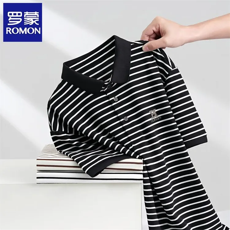 Romon/罗蒙轻奢百搭男士条纹短袖polo衫夏季休闲商务翻领半袖t恤