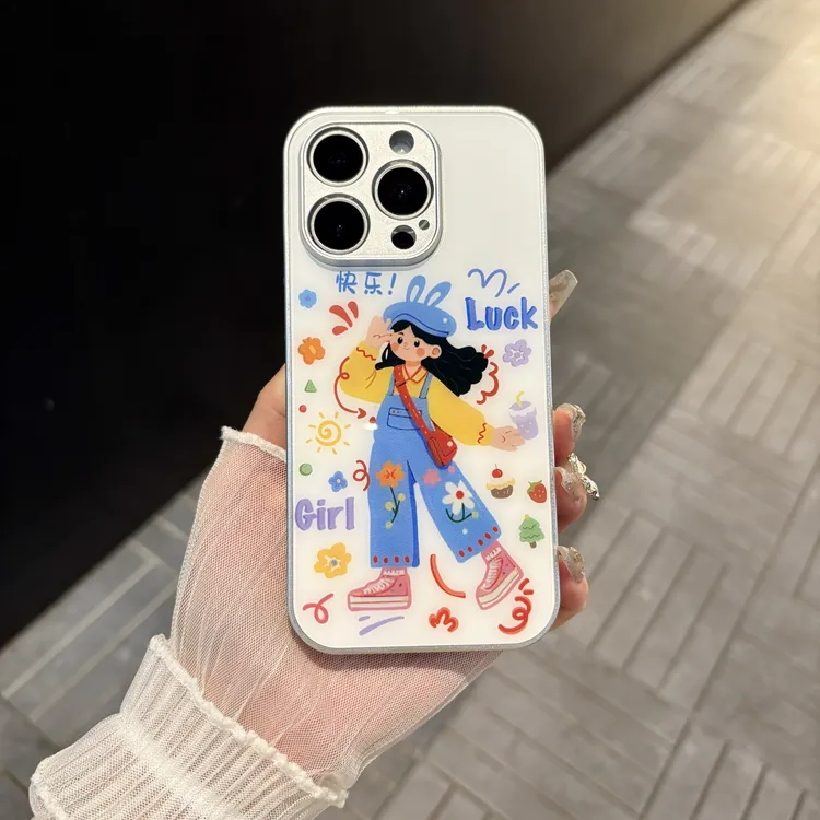 苹果/华为/oppo/vivo/小米 快乐女孩适用iPhone16肤感玻璃手机壳