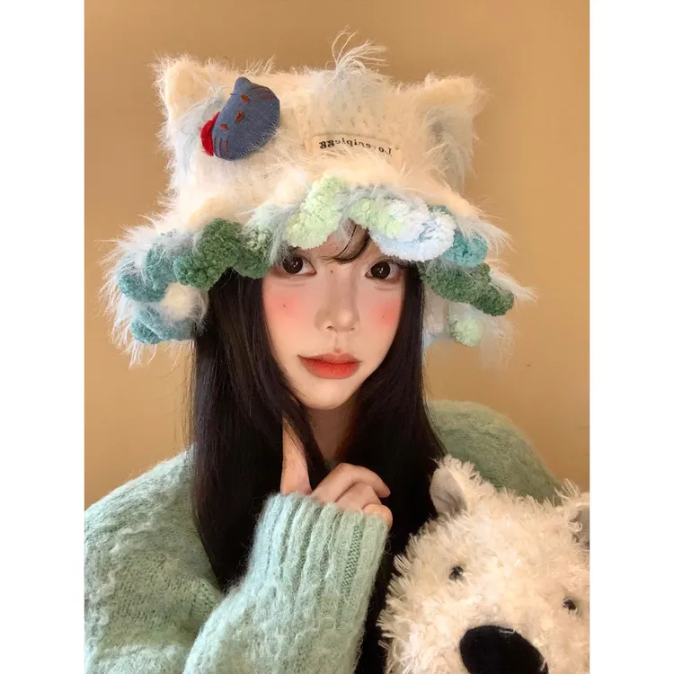 可爱Kitty猫耳朵毛绒针织帽女秋冬季显脸小毛线帽大头围保暖帽子