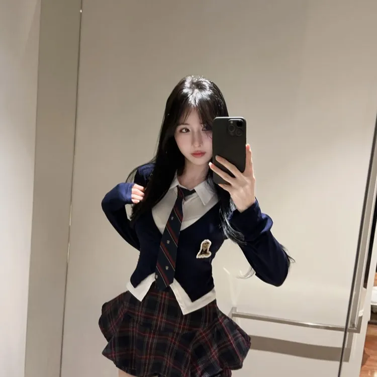 学院风jk制服套装女秋冬季假两件t恤纯欲性感长袖上衣高腰蓬蓬裙