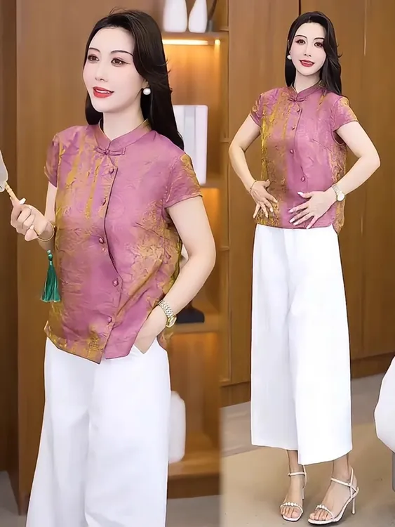 时尚国风衬衫女2025夏季新款时髦洋气新中式盘扣短袖气质百搭上衣