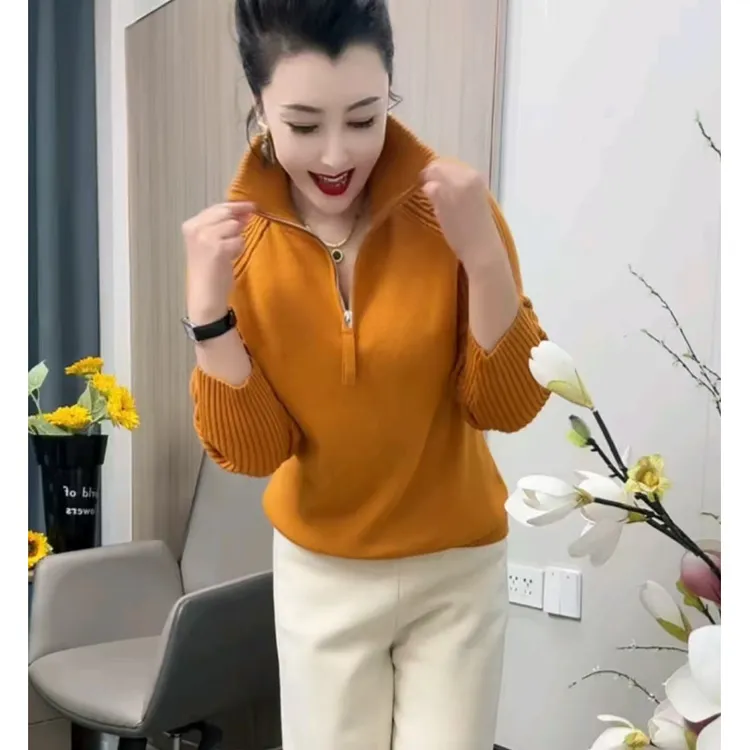 半高领拉链针织衫女秋冬长袖毛衣女爆款宽松百搭外穿内搭上衣加厚