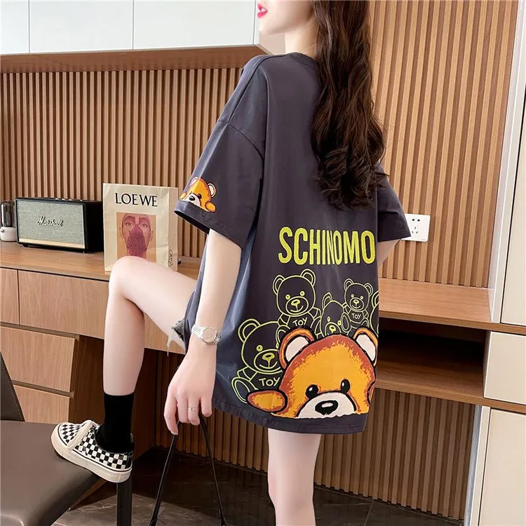 小熊印花时尚卡通纯棉T恤女夏季中长款韩版宽松短袖洋气减龄上衣