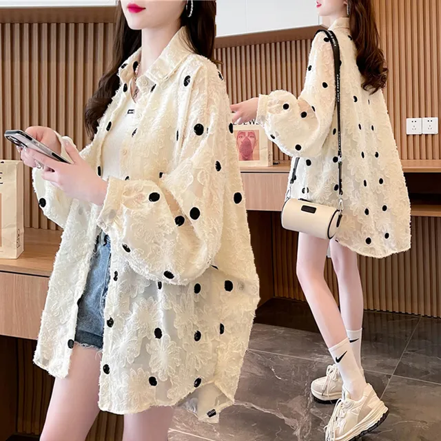 大码女装胖mm波点薄款防晒衬衫2024夏季新款韩版宽松百搭开衫外套