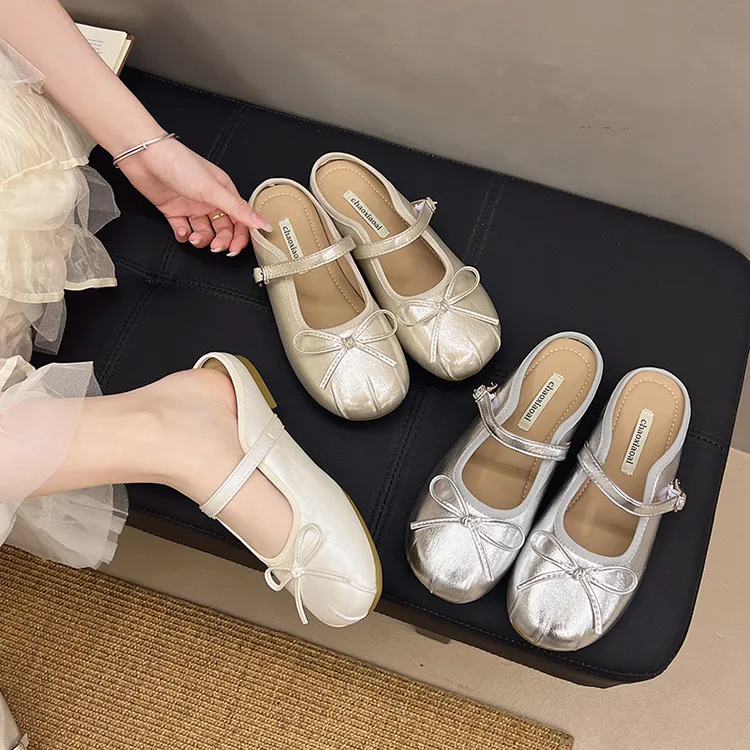 法式银色女包头拖鞋外穿2025新款夏季内增高银色玛丽珍芭蕾舞单鞋
