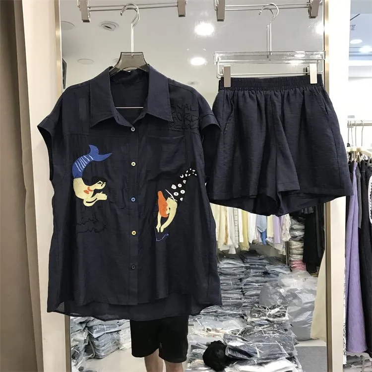2025新款夏日ootd穿搭漂亮小个子巨好看的藏蓝色上衣短裤两件套装