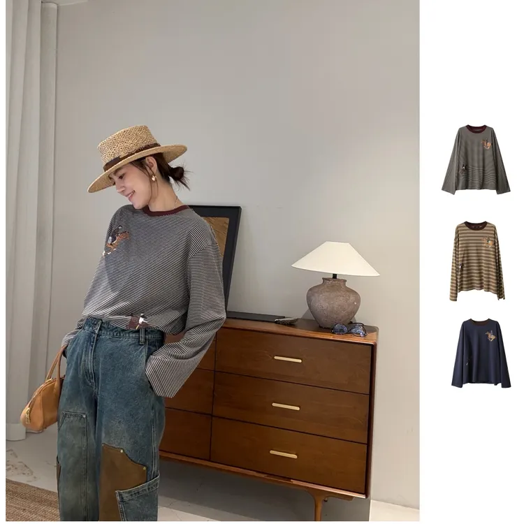 ICE  25早秋新品百搭休闲风撞色女士长袖宽松长袖T恤时尚