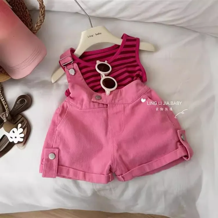 儿童森系品质潮牌童装2025新款爆款女童牛仔背带裤套装宝宝夏装条