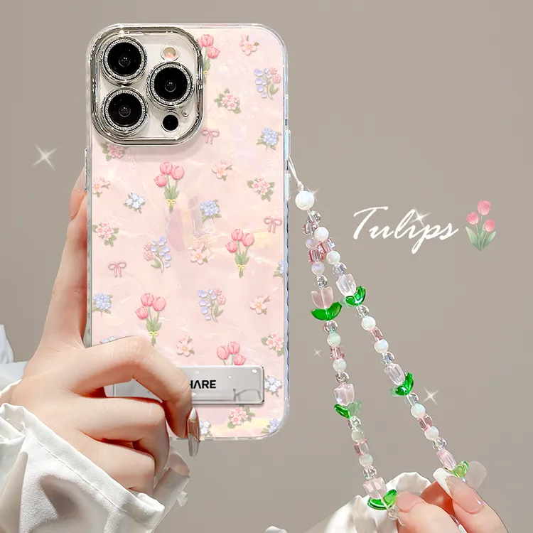 碎花手链适用苹果15promax华为oppo小米iPhone16精孔贝壳纹手机壳