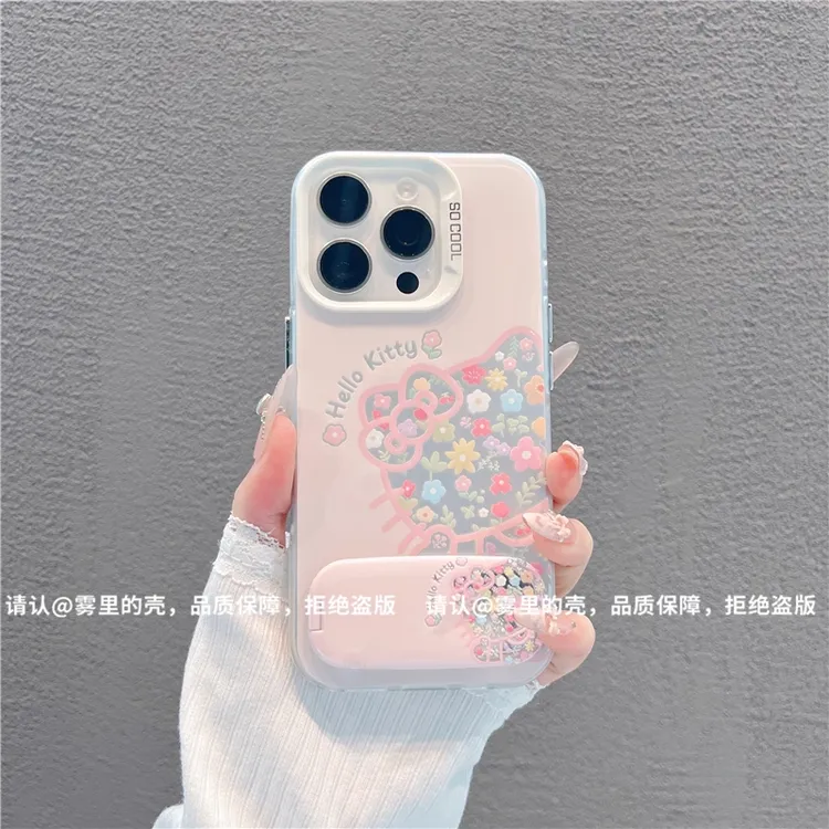 鲜花凯蒂镜面支架适用苹果16手机壳新款华为小众vivo高级小米oppo
