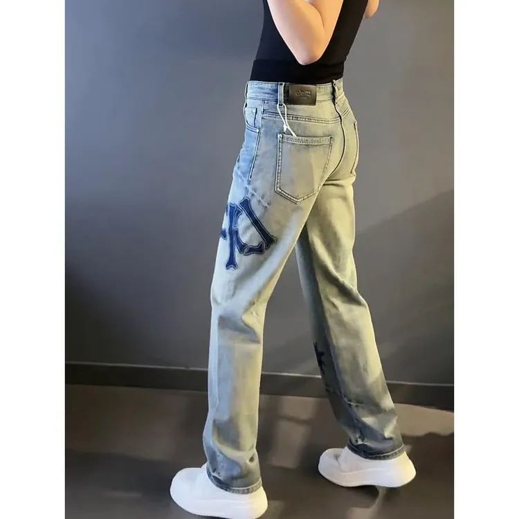 潮牌男装春秋大码男士欧货设计感小众牛仔裤宽松显瘦长裤子时尚潮