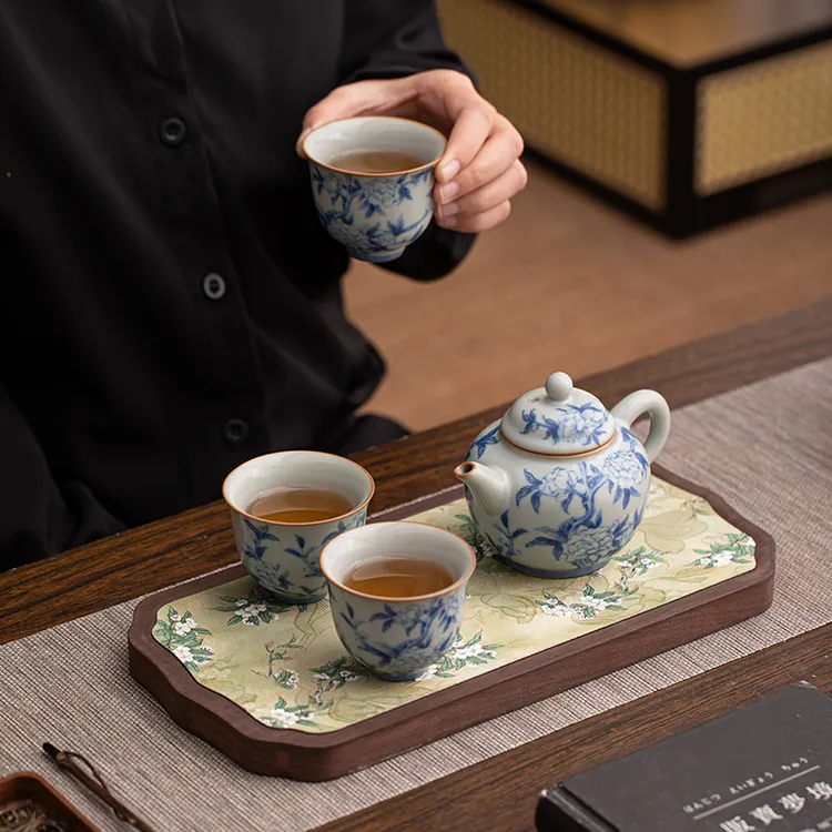 仿古汝窑青花茶壶陶瓷功夫茶具茶壶球孔过滤中式茶杯干泡茶盘套装