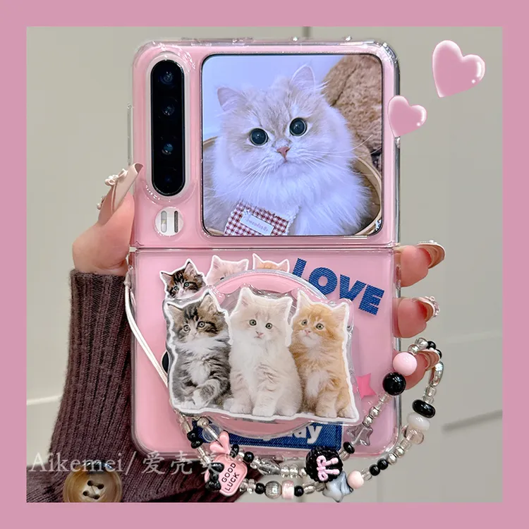 适用华为purax折叠屏手机壳可爱萌宠pocket2透粉猫咪狗狗磁吸支架