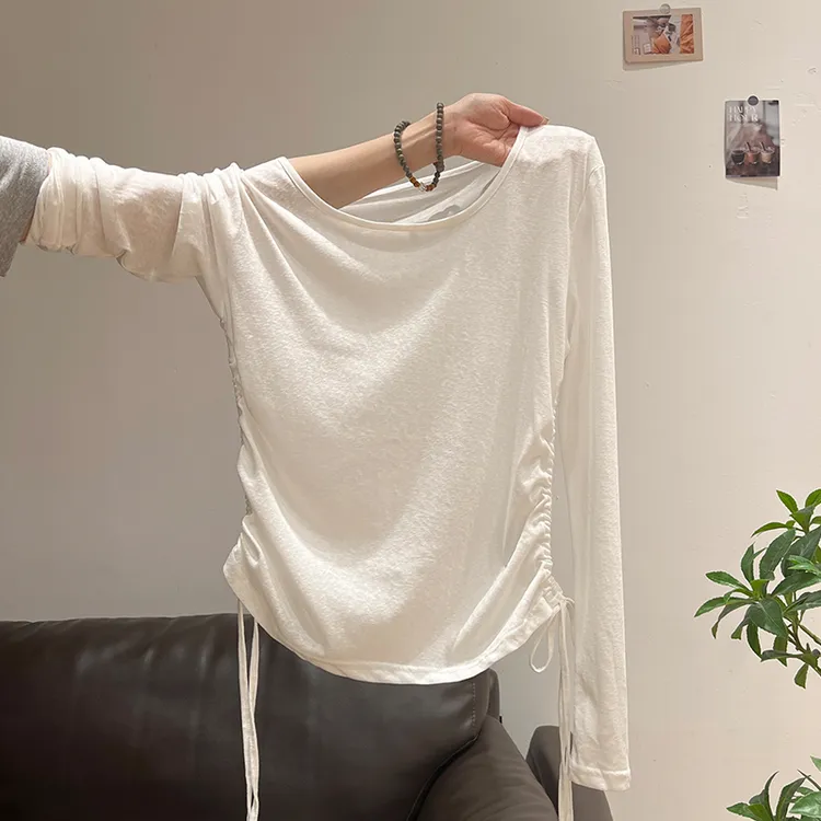 拉夏贝尔掐腰褶皱系带设计感长袖t恤女夏季宽松显瘦防晒罩衫上衣