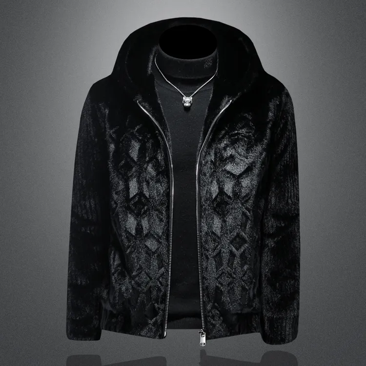 FANCBUDY冬季皮草轻奢高端男士新款皮毛一体加厚连帽环保貂绒外套