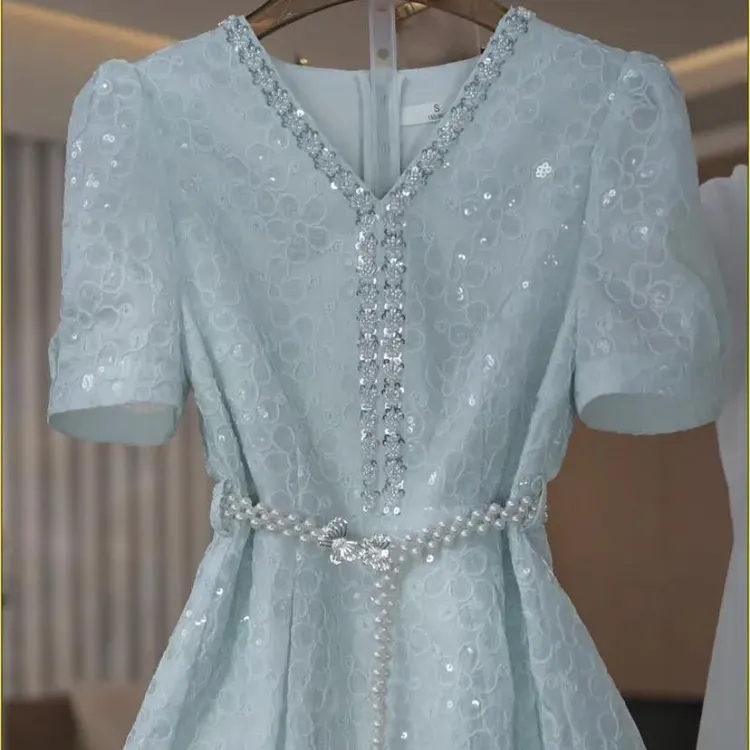 2025夏季新款轻奢气质名媛亮片优雅连衣裙小众收腰礼服短裙子女装