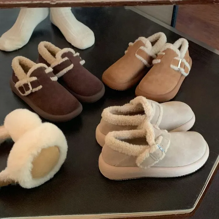 真皮保暖加绒厚底棉鞋子毛毛扣带勃肯雪地靴女冬季外穿新款毛毛鞋